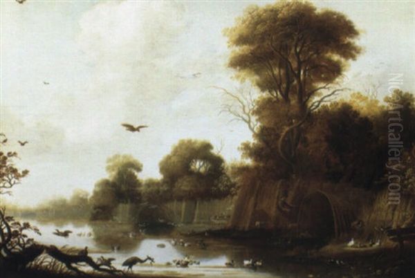 Ducks By A Decoy In A River Landscape - view 1