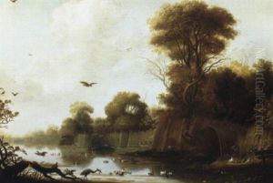 Ducks By A Decoy In A River Landscape by Johann Jakob Eberhardt