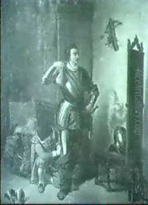 In Einem Interieur Des 17. Jahrhunderts Legt Ein Englischer Adliger Seine Rustung An by Johann Jakob Eberhardt