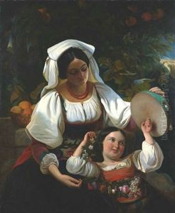 Eine Suditalienerin Spielt Mit Ihrem Kind Und Einem Tamburin Vor Einer Umfriedungsmauer, Auf Der Ein Korb Mit Orangen Steht by Josef Eberl