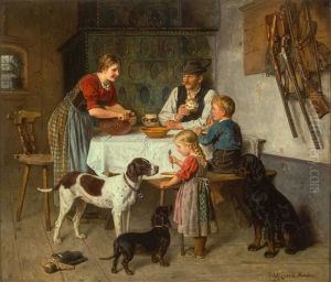 Der Jager Mit Seiner Familie Um Den Tisch Versammelt Beim Abendbrot by Adolf Eberle