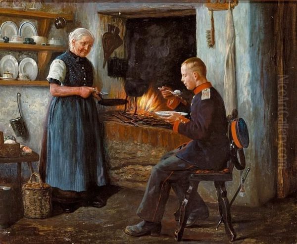 Muller: A Young Soldier Having A Meal In Front Of The Fireplace - view 1