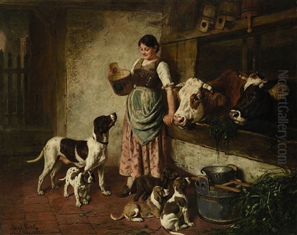 Dirndl Im Kuhstall Mit Hund Und Welpen - view 1