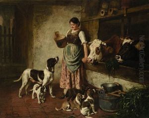 Dirndl Im Kuhstall Mit Hund Und Welpen by Adolf Eberle