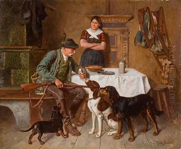 Jager Mit Seinen Drei Hunden Und Feschem Dirndl In Der Stube - view 1
