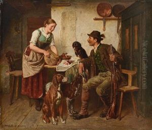 Dirndl Und Jager Bei Der Brotzeit by Adolf Eberle
