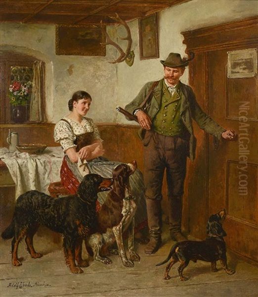 Aufbruch Zur Jagd: Dirndl Und Jager Mit Seinen Drei Jagdhunden In Der Stube - view 1