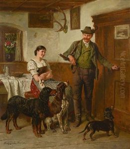 Aufbruch Zur Jagd: Dirndl Und Jager Mit Seinen Drei Jagdhunden In Der Stube