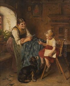 Scene De Famille Avec Jeune Mere, Enfant Et Chien by Adolf Eberle