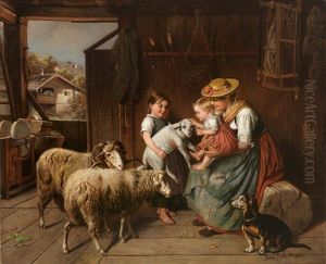 Landliches Idyll; Mutter Mit Ihren Kindern Bei Den Schafen In Der Scheune. Reizendes Genre