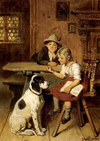 Ein Bub Und Ein Madchen Mit Einem Grossen Hund In Bauerlichem Interieur - view 1