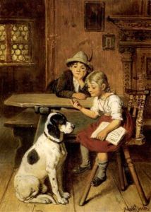 Ein Bub Und Ein Madchen Mit Einem Grossen Hund In Bauerlichem Interieur by Adolf Eberle