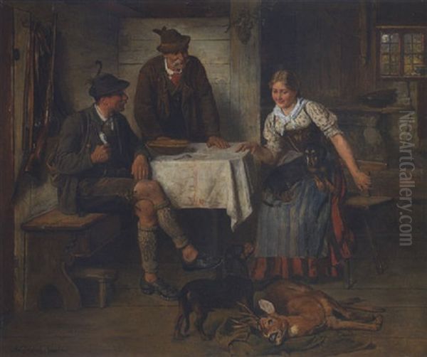 Dirndl Und Zwei Jager In Der Bauernstube - view 1