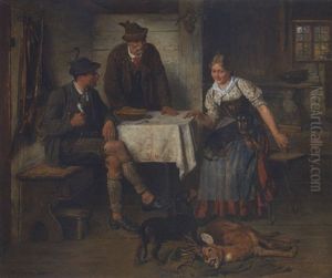 Dirndl Und Zwei Jager In Der Bauernstube