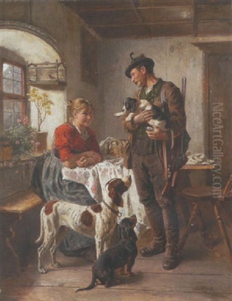 Junges Paar In Der Stube Mit Jagdhunden - view 1