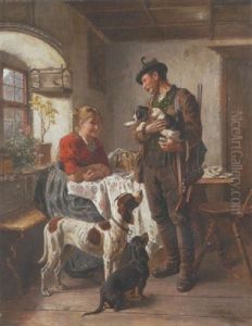 Junges Paar In Der Stube Mit Jagdhunden by Adolf Eberle