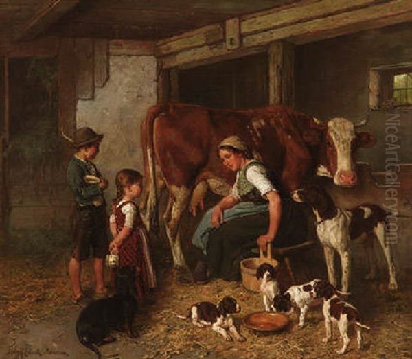 Im Kuhstall - Bauerin Mit Ihren Kindern Vor Einer Kuh, Im Vordergrund Jagdhundin Mit Ihren Welpen - view 1