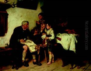 Tierkunde. Grosvater Mit Drei Enkeln Und Zwei Jagdhunden Beim Erklaren Exotischer Tiere by Adolf Eberle