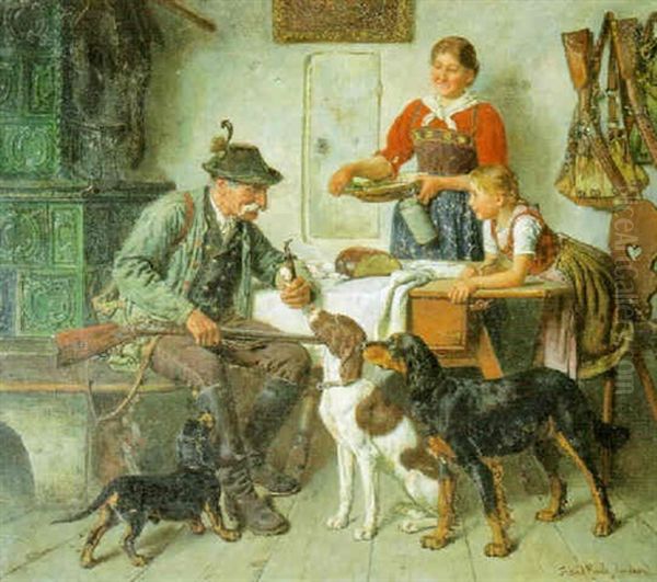 Brotzeit (alter Jager Mit Seinen Hunden Am Kachelofen In Der Stube) - view 1