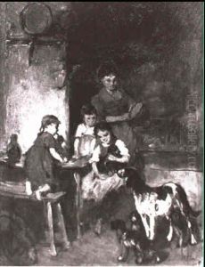 Mutter Mit Kindern Und Hunden In Der Bauernkuche by Adolf Eberle