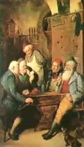Beim Kartenspiel Sitzen Vier Bauern Und Der Wirt In Der Schankstube by Adolf Eberle