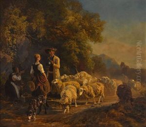 Schafer Und Zwei Bauernmadchen An Einer Waldquelle