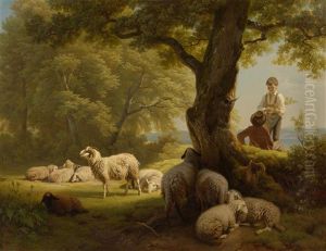 Schafer Mit Herde In Einer Landschaft by Robert Eberle