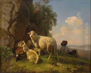 Sommerliche Weidelandschaft Mit Huterjunge, Ziegen Und Schafen. Weiter Blick In Das Land