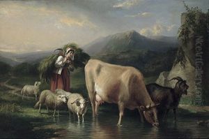 Junge Magd Mit Kuh, Ziege Und Schafen An Der Tranke, Auf Dem Rucken Die Frische Mahd