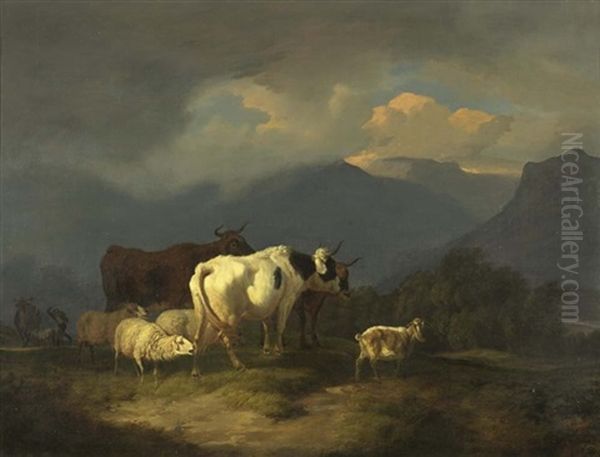 Berglandschaft Mit Rindern Und Schafen Vor Dem Gewitter - view 1