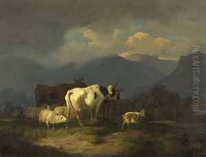 Berglandschaft Mit Rindern Und Schafen Vor Dem Gewitter