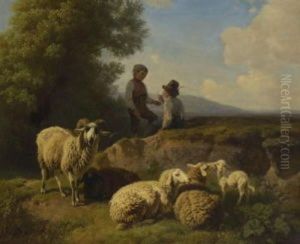Zwei Rauchende Hirtenknaben Mit Schafen by Robert Eberle