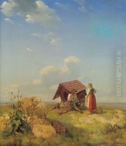 Schafer Und Junge Magd Im Gesprach by Robert Eberle