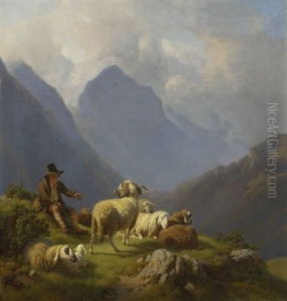 Rastender Hirtenknabe Mit Ruhenden Schafen In Gebirgslandschaft - view 1