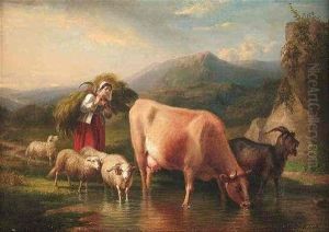 Eine Junge Sennerin Fuhrt Ihre Tiere An Eine Furt by Robert Eberle