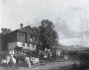 Heimkehrende Viehherde Vor Einem Bauernhaus by Robert Eberle