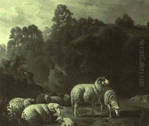 Lagernde Schafherde In Hugeliger Landschaft by Robert Eberle