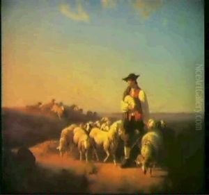 Schwabischer Schafer Mit Seiner Herde by Robert Eberle