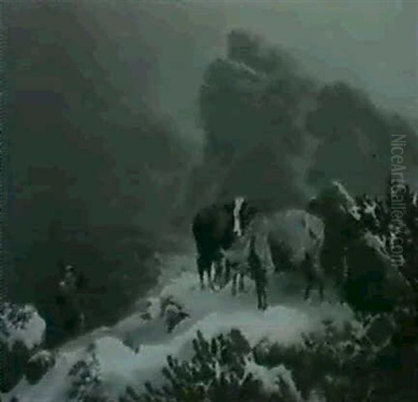 Verirrte Rinder Im Schnee Der Hochalpen, Vom Hirten Freudig Entdeckt - view 1