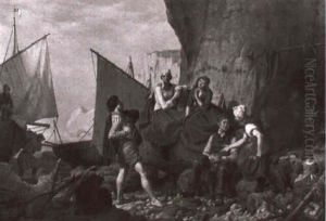 Fischerfamilie An Einer Normannischen Steilkuste by Emil Ebers