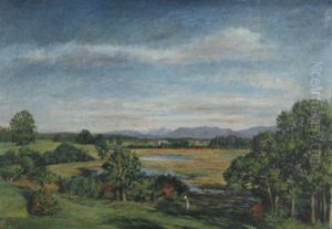 Oberbayerische Wiesenlandschaft Mit Bauerin by Hermann Ebers