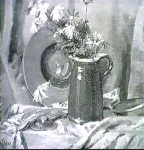 Sommerstrauss In Einem Krug Neben Teller Und Drapierten     Stoffen by Hermann Ebers