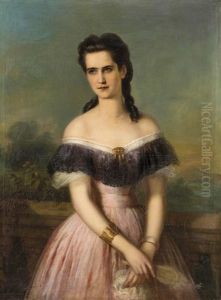 Dreiviertelportrat Einer Vornehmen Jungen Dame In Rosafarbenem Kleid Auf Terrasse Stehend Mit Landschaftsausblick