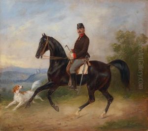 Offizier Mit Pferd Vor Landschaftshintergrund by Carl Alois Martin Ebersberg