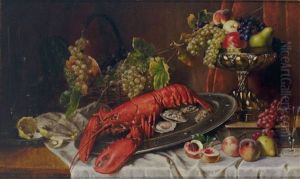 Stilleben Mit Groser Languste, Austern, Obst Und Feinem Venezianischen Glas by Max Ebersberger