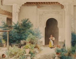Girl Carrying A Water Flagon To A Well In A Spanish Courtyard by Jose Arpa Y Perea
