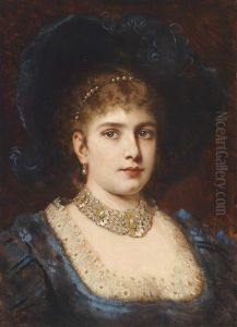 Bildnis Einer Dame In Blauem Kleid Mit Hut by Anton Ebert