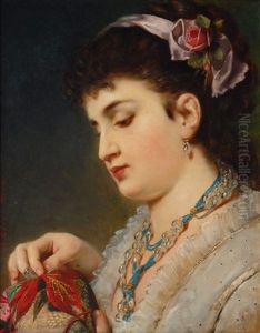 Young Lady Doing Needlework by Anton Ebert