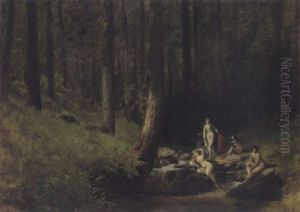 Badende Am Ufer Eines Waldbaches Badende Am Ufer Eines Waldbaches