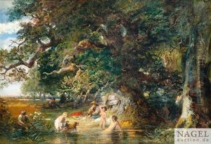 Badende Kinder An Einem Waldbach by Carl Ebert